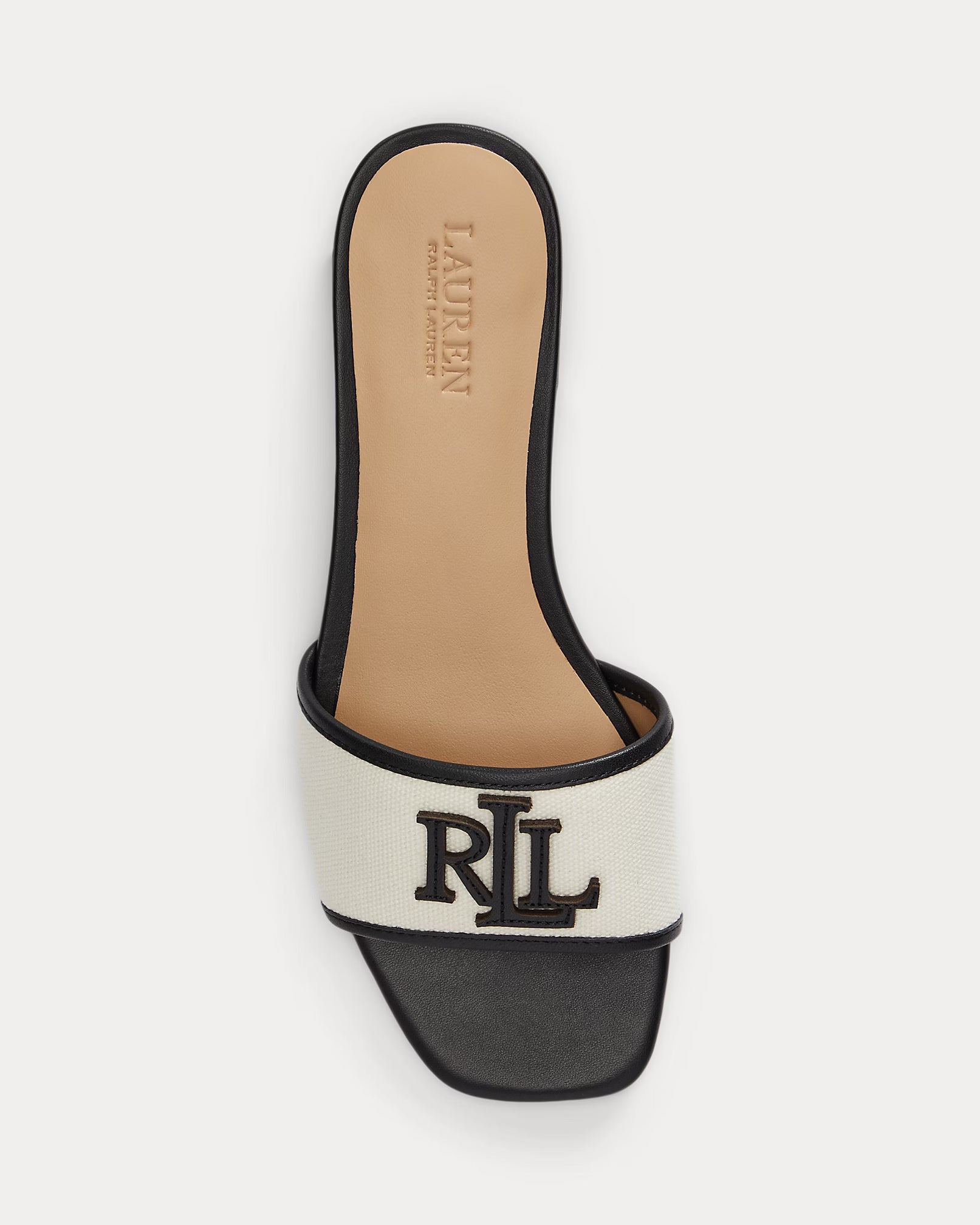 Ralp Lauren Everley Leather-Trim Canvas Slide Sandal  -  Natural/Black