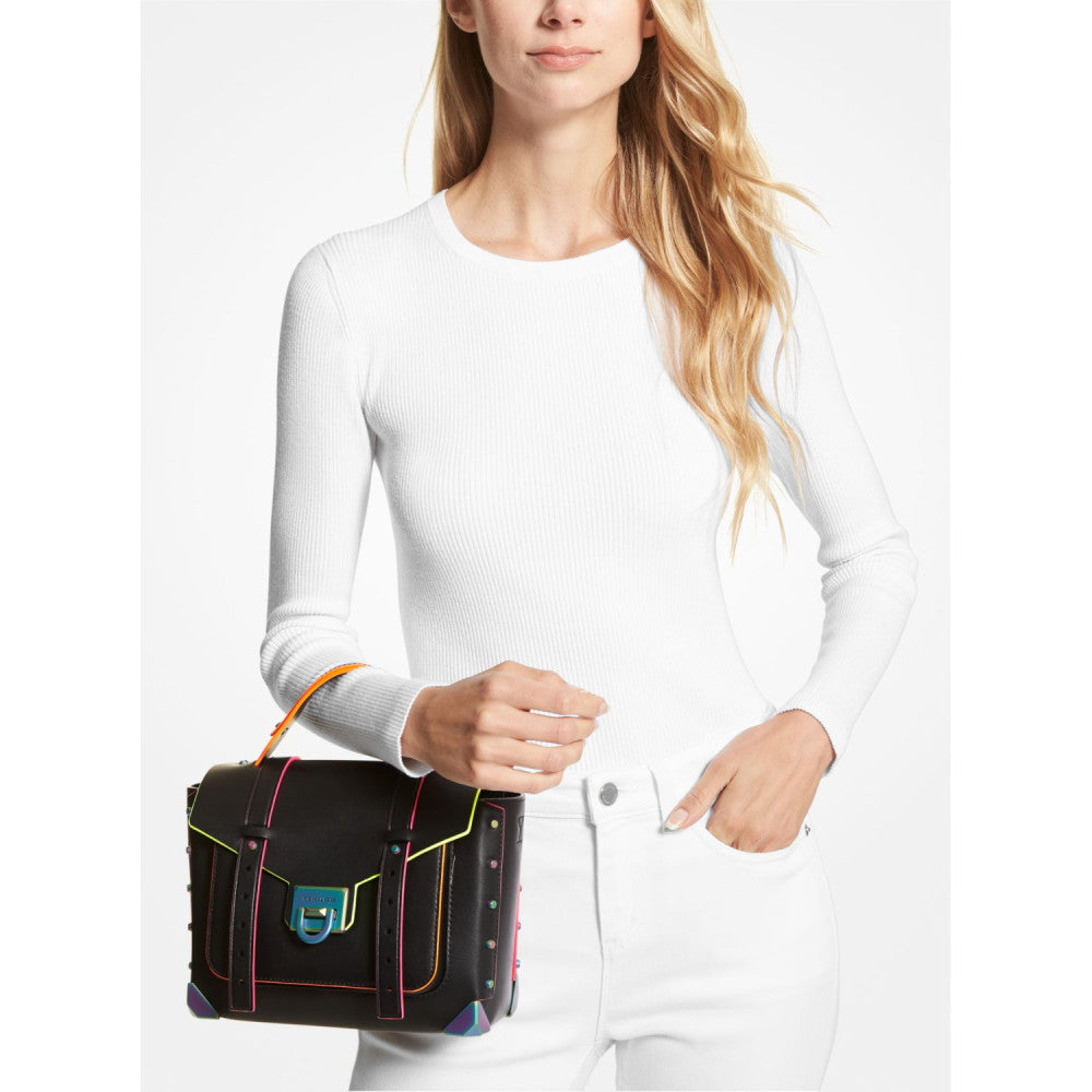 Michael Kors Manhattan Medium Contrast-Trim Leather Satchel BLACK Kadın Çanta