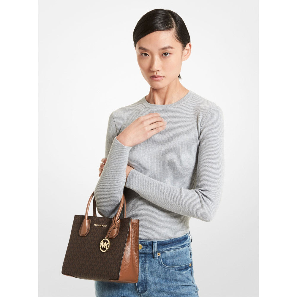 Michael Kors Mercer Medium Logo and Leather Accordion Crossbody Bag- Brown - Hemen Teslimde